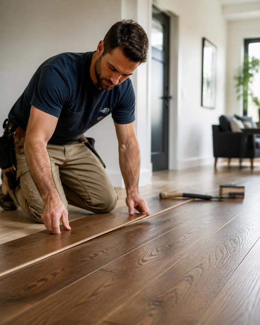 Craftsman carefully installing quality hardwood flooring